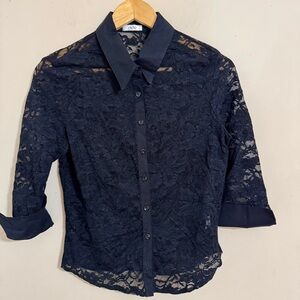 Cache Y2K Black Lace Collared Button Up Blouse 3/4 Sleeve size M Coquette Goth